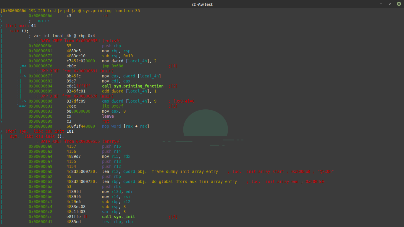 inline disassembler in radare2